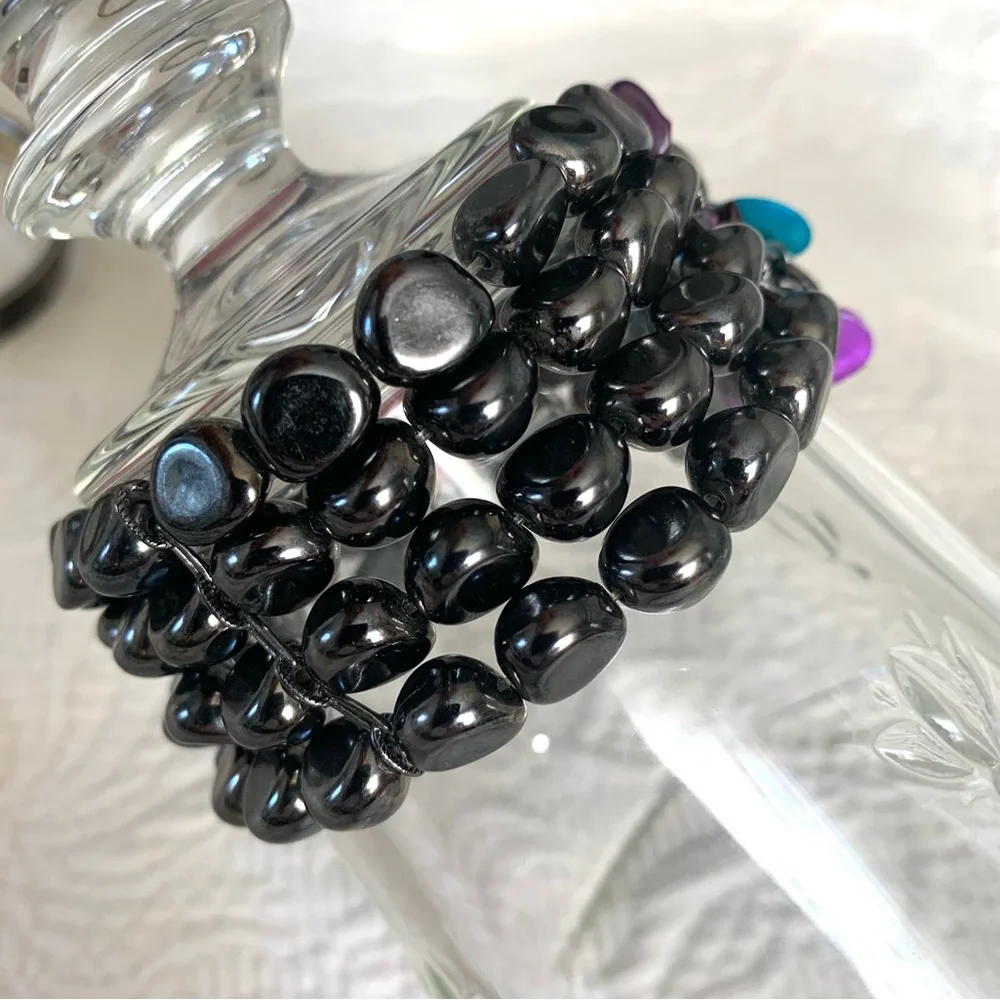 Women’s Hematite Abalone Shell statement bracelet purple aqua Black charm beads